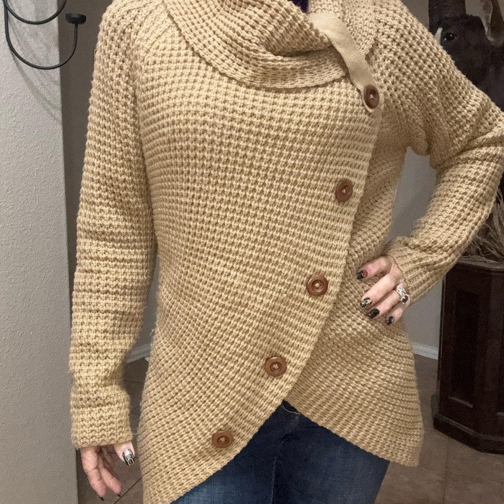 Cozy Tan Button-Up Women Sweater
